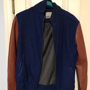 Tan and blue sleeved fake leather bomber